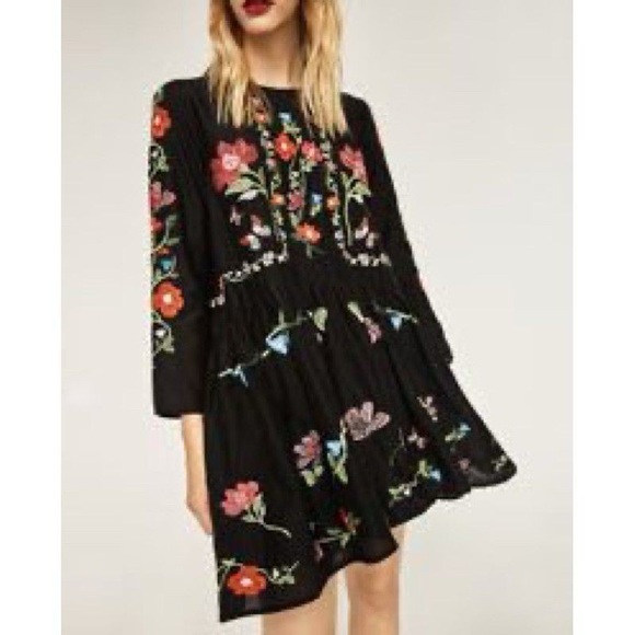 Zara Dresses & Skirts - Zara Floral Embroidered Black Swing Dress Size Medium